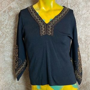 Michelle Nicole Black Boho Rustic Embroidered Beaded Western Santana Knit Top